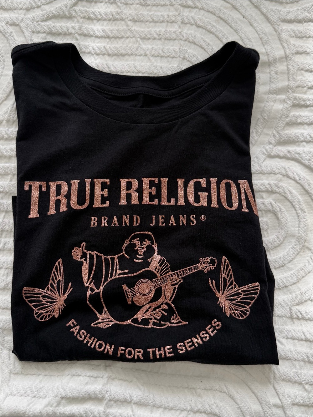 True Religion Black Tee with Rose-Gold Logo and Buddha Guitar Graphic